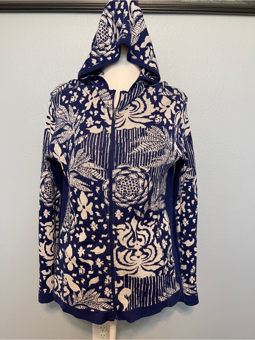 KÜHL Hooded Full Zip Merino Wool Sweater Jacket Blue Ivory Floral Women’s XL